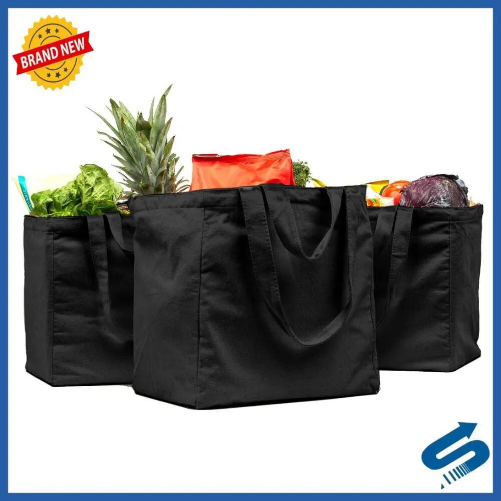 Heavy Duty Canvas Grocery Tote Set Foldable Washable with Pockets Dual Handles